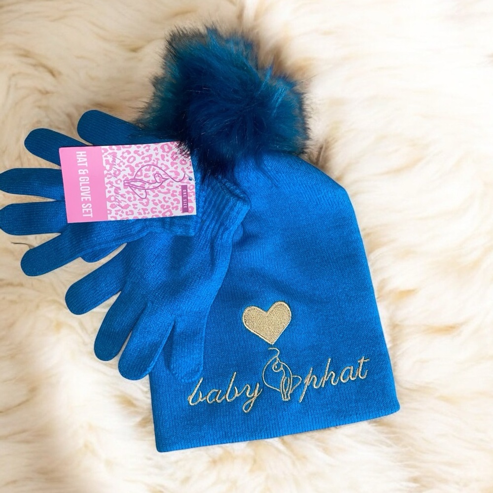 Baby Phat Girls Blue Pom-pom Beanie Hat & Gloves NWT